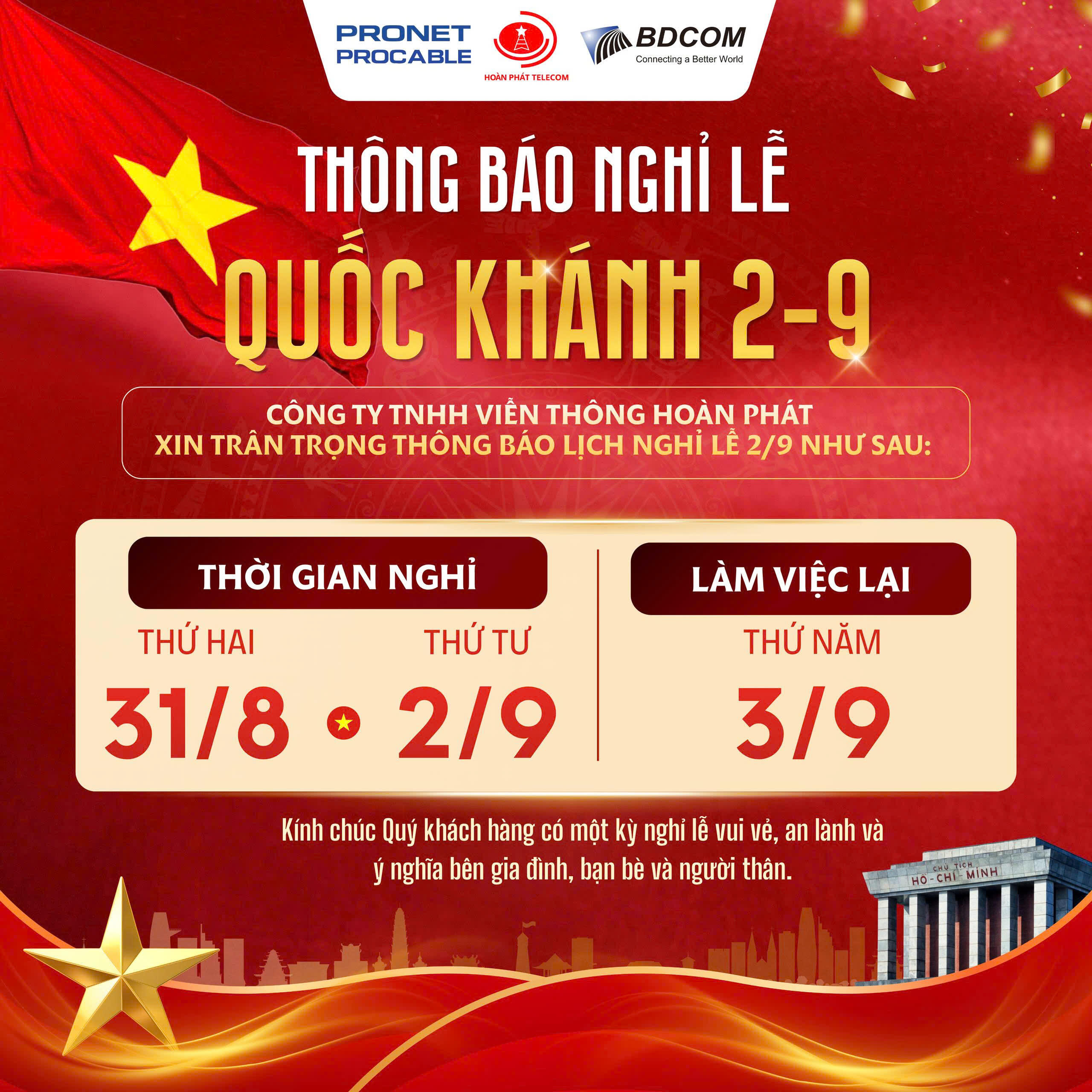 Thông Báo Lịch Nghỉ Lễ Quốc Khánh 2/9 - Hoàn Phát Telecom