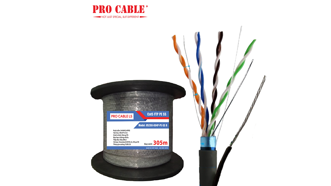 Cáp mạng PRO CABLE Cat5 FTP PE  Có Thép Gia Cường| U5200-004P-PE B Chính Hãng