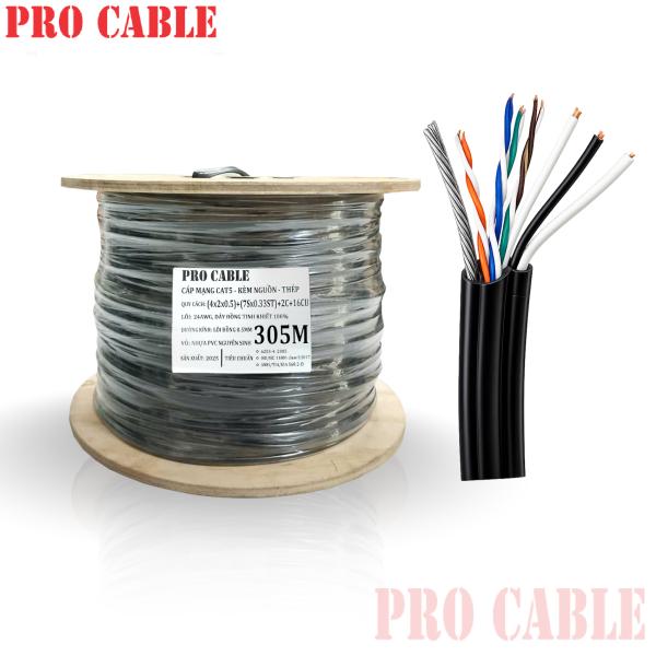 Cáp mạng cat5 Pro Cable kèm nguồn có thép treo (MODEL: Cat5 UTP PRO CABLE, kèm nguồn, cường lực)