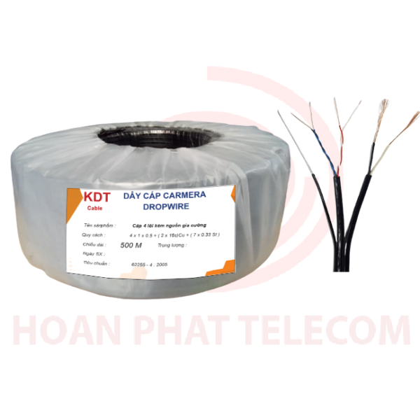 Cáp Dropwire 4 lõi 1 tim, kèm nguồn + thép treo