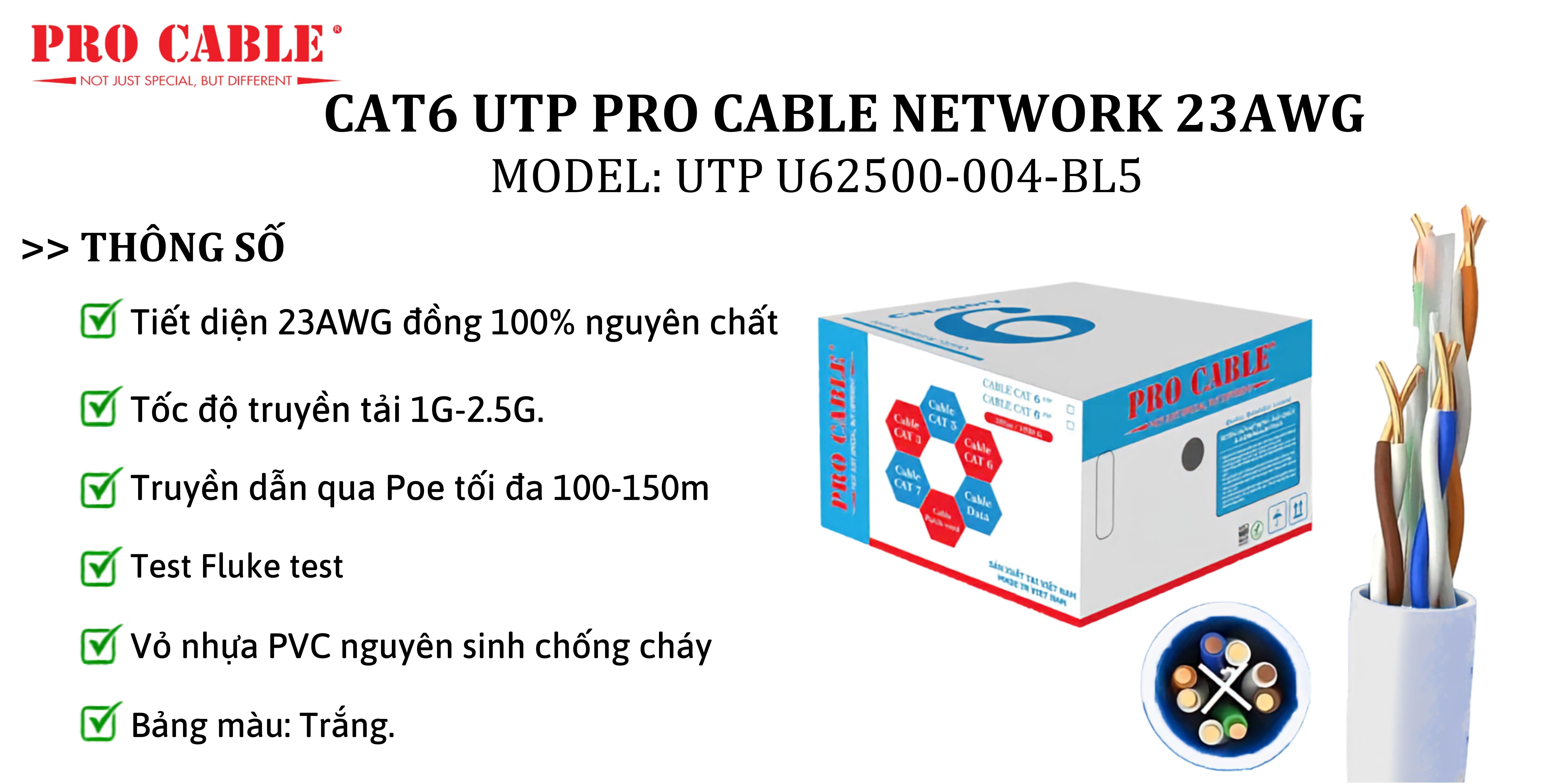 Cáp mạng Cat6 UTP Màu Trắng - Pro Cable Chính Hãng, Hiệu Năng Vượt Trội